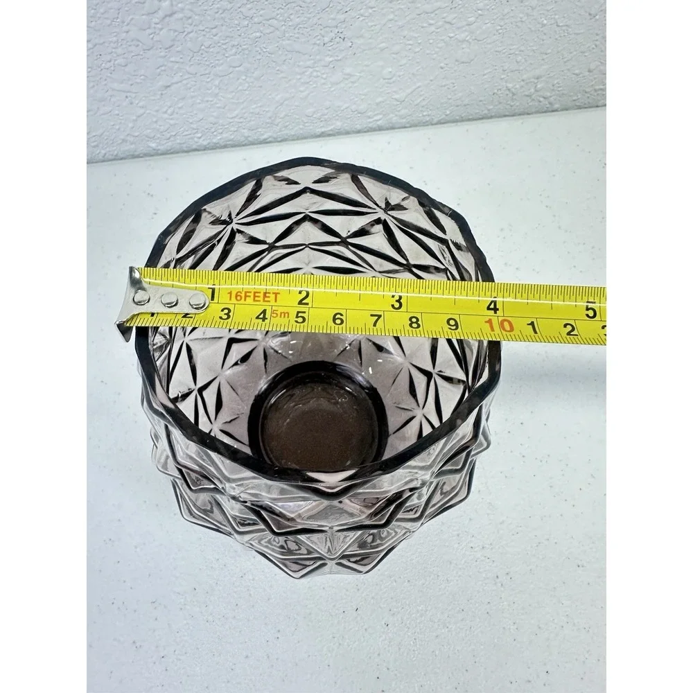 Vintage Smoky Amethyst Faceted Glass Candle Holder Diamond Cut Geometric 6